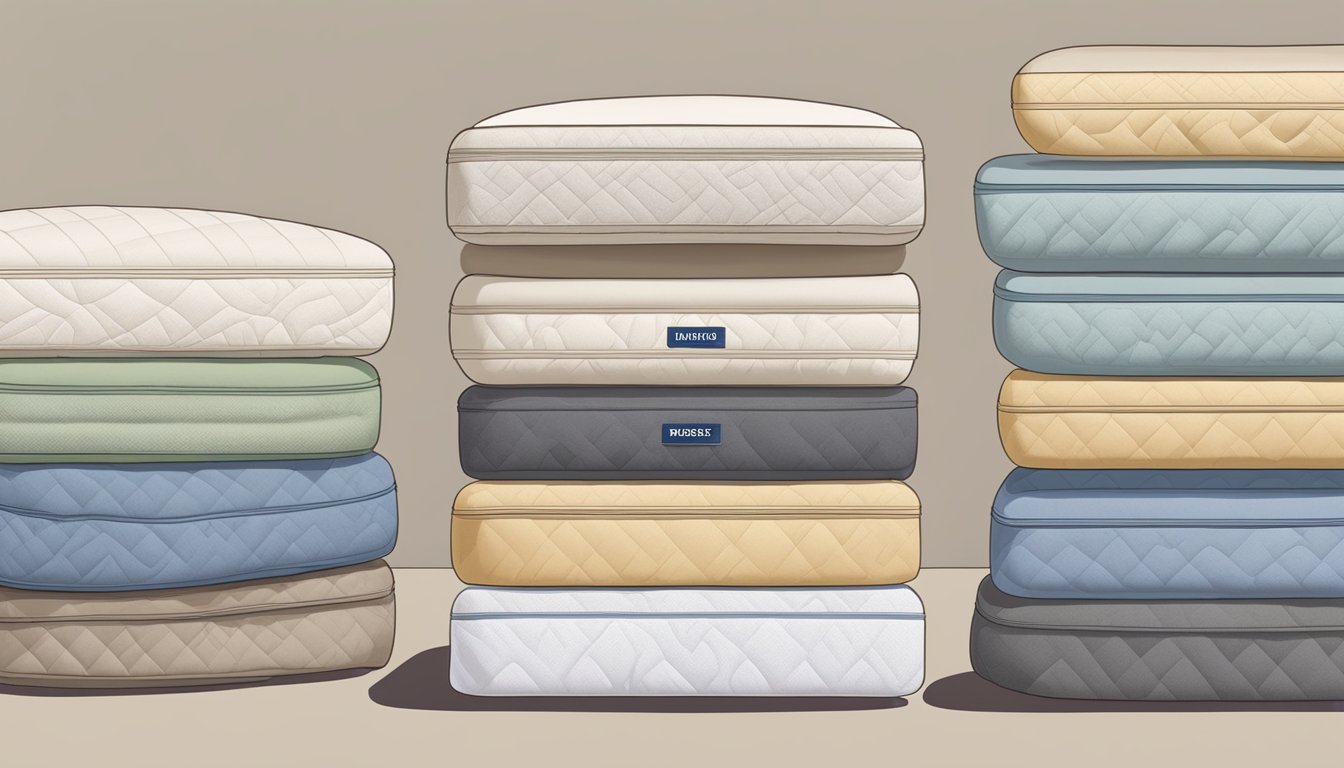 A stack of mattresses in various sizes with a sign reading "Frequently Asked Questions: Mattress Sizes" displayed prominently