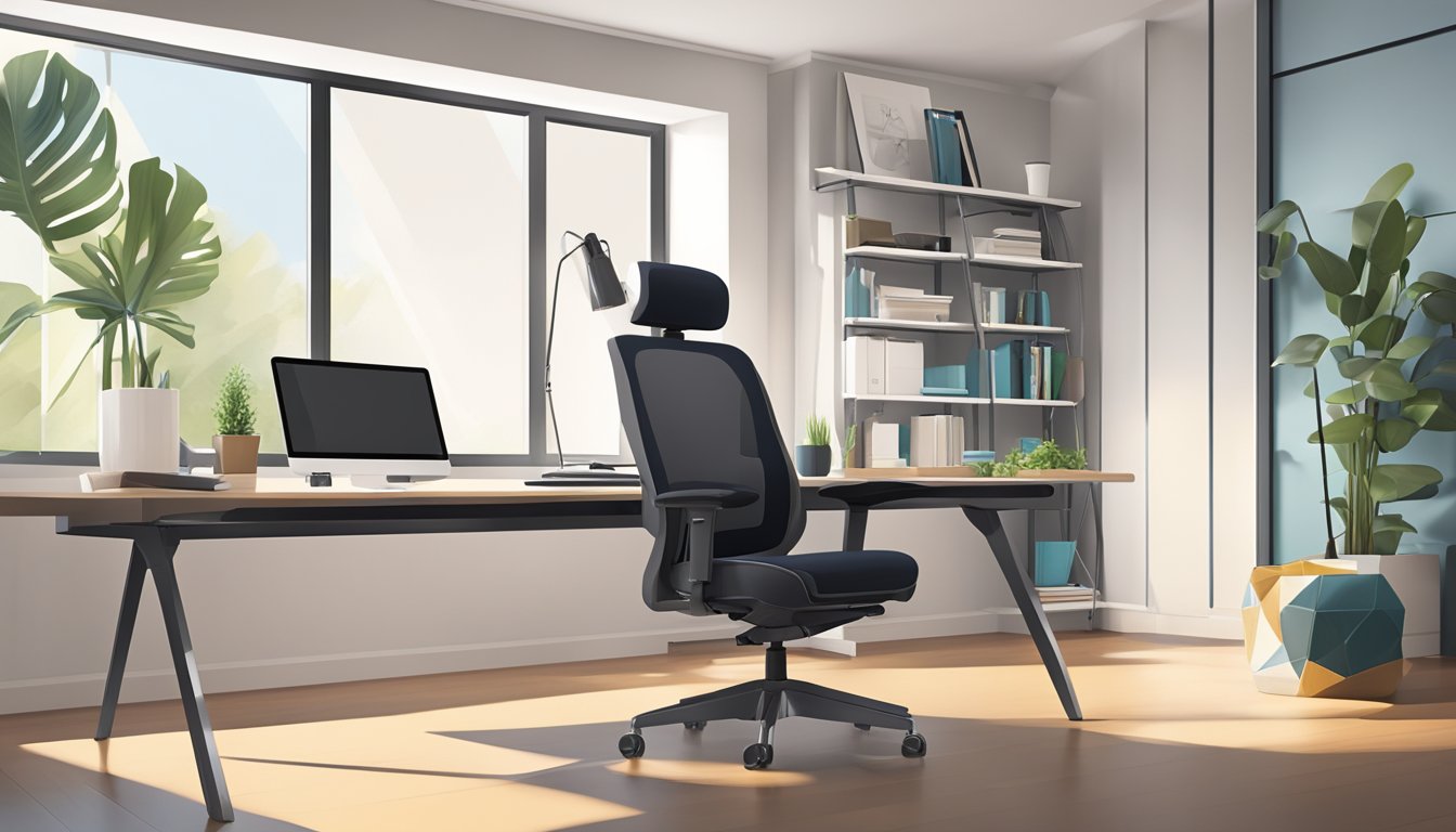 A bright, modern home office with a sleek study chair positioned in front of a sturdy desk. The chair is ergonomic, with adjustable features and lumbar support, creating a comfortable and productive workspace