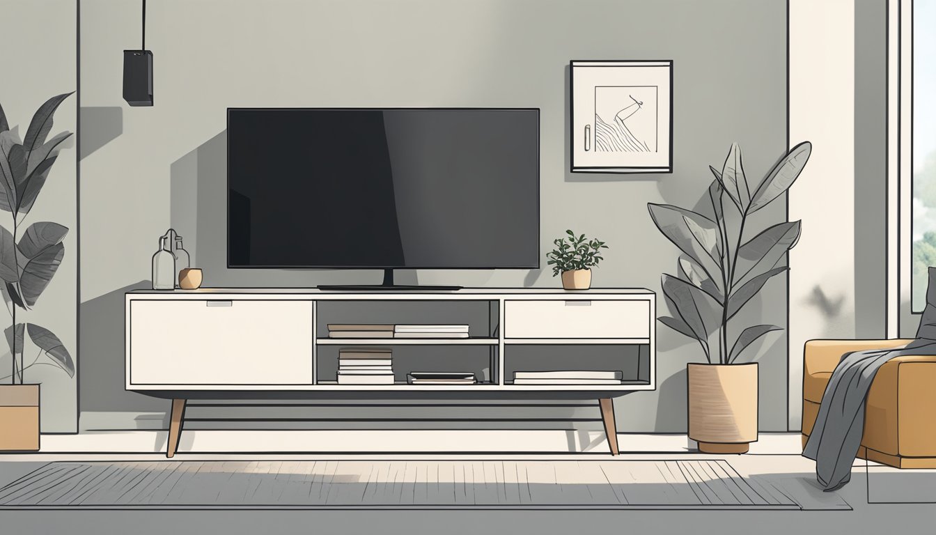 A person places a sleek, minimalist Scandinavian TV console in a well-lit, modern living room, carefully adjusting its position for the perfect fit