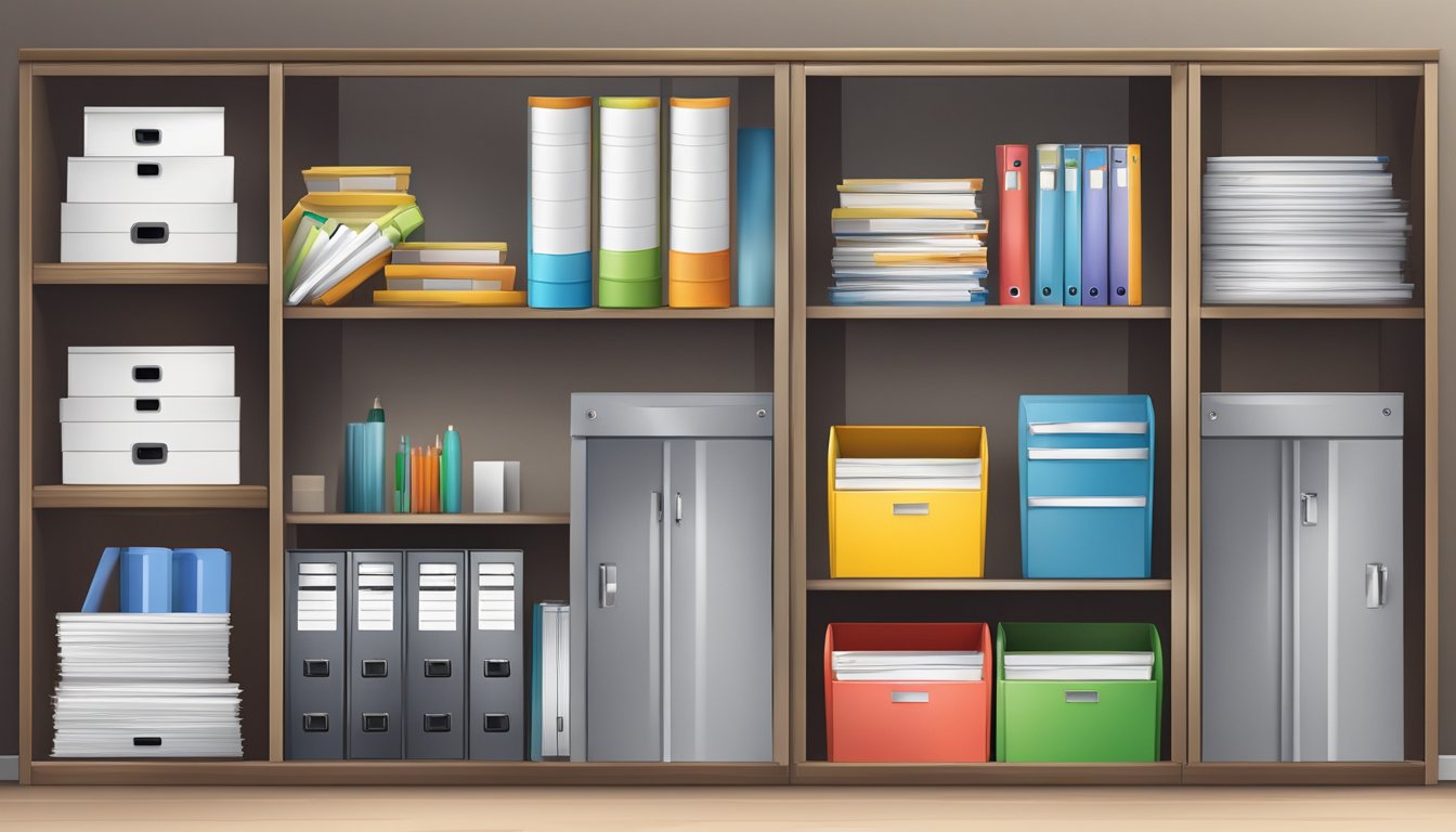 A small office cabinet stands against the wall, its doors slightly ajar, revealing neatly organized files and supplies inside
