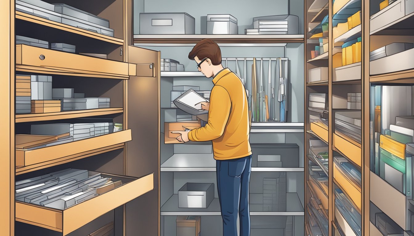 A person opens a small office cabinet, carefully inspecting the shelves and drawers for the perfect storage solution
