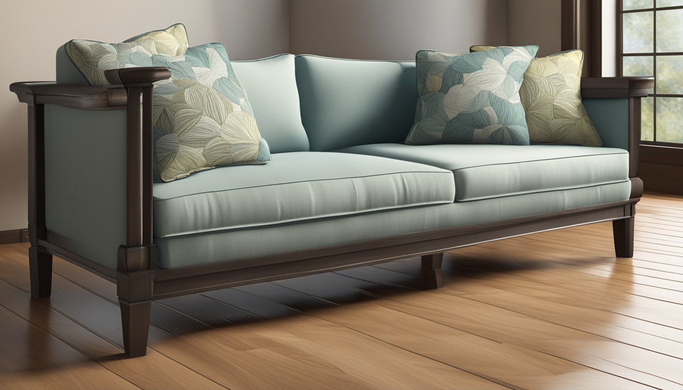 A sturdy sofa sits on a hardwood floor, its weight evenly distributed. The cushions are plump, and the frame is solid, giving off an impression of durability