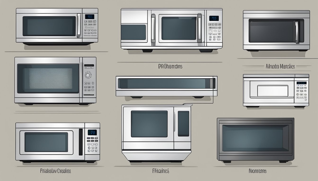A variety of microwave sizes displayed with labels and measurements for easy reference