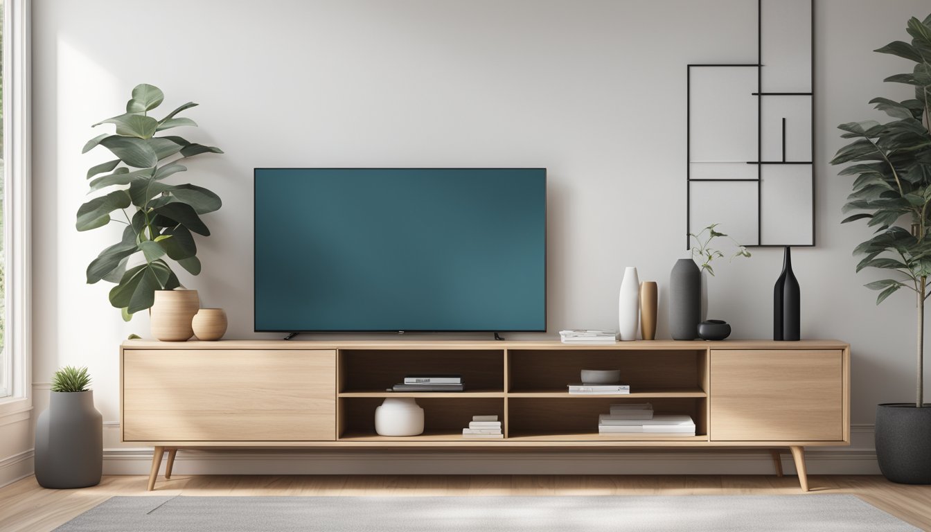 A sleek, minimalist Scandinavian TV console with clean lines and natural wood finish sits against a white wall, surrounded by modern decor