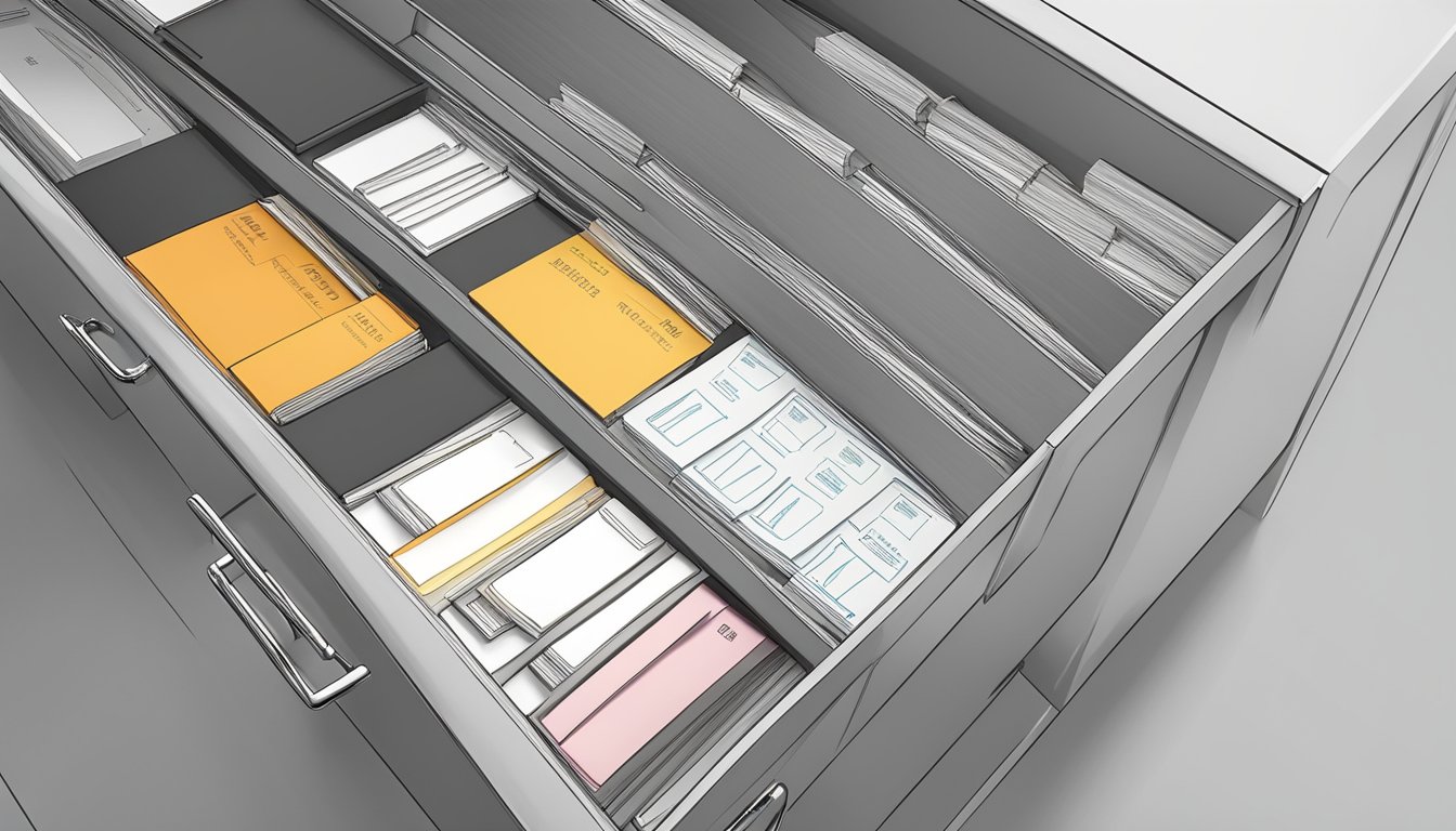A small office cabinet is neatly organized with labeled folders and supplies, maximizing space and efficiency