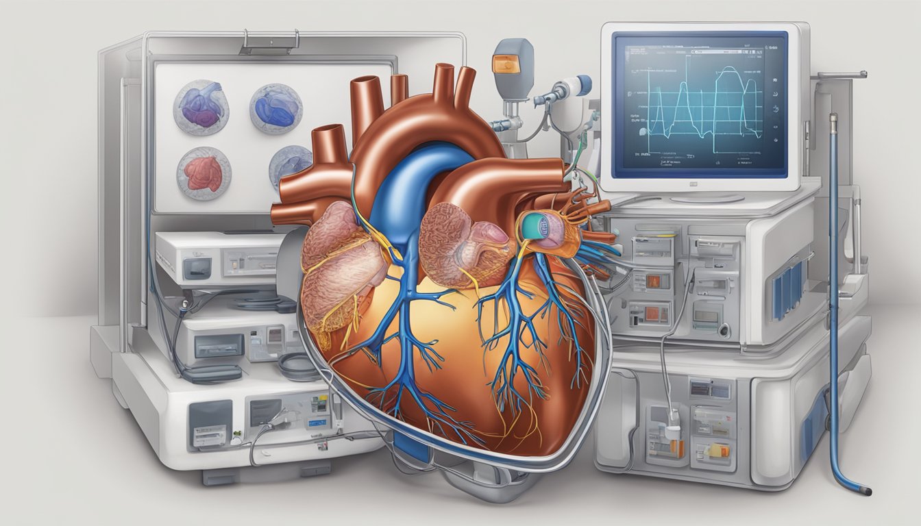 A heart with visible pathologies, surrounded by ESM cardiology equipment