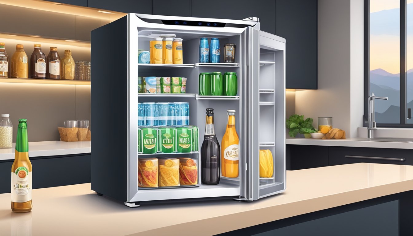 A mini bar fridge sits on a sleek countertop, stocked with various beverages and snacks. The fridge is compact with a glass door and a digital temperature display
