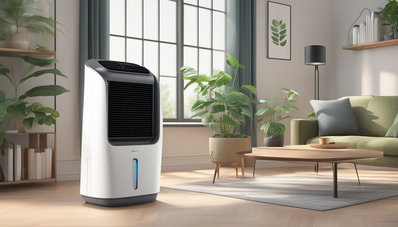 A modern air cooler sits in a well-lit living room, surrounded by plants. The device emits a gentle breeze, creating a comfortable and refreshing atmosphere