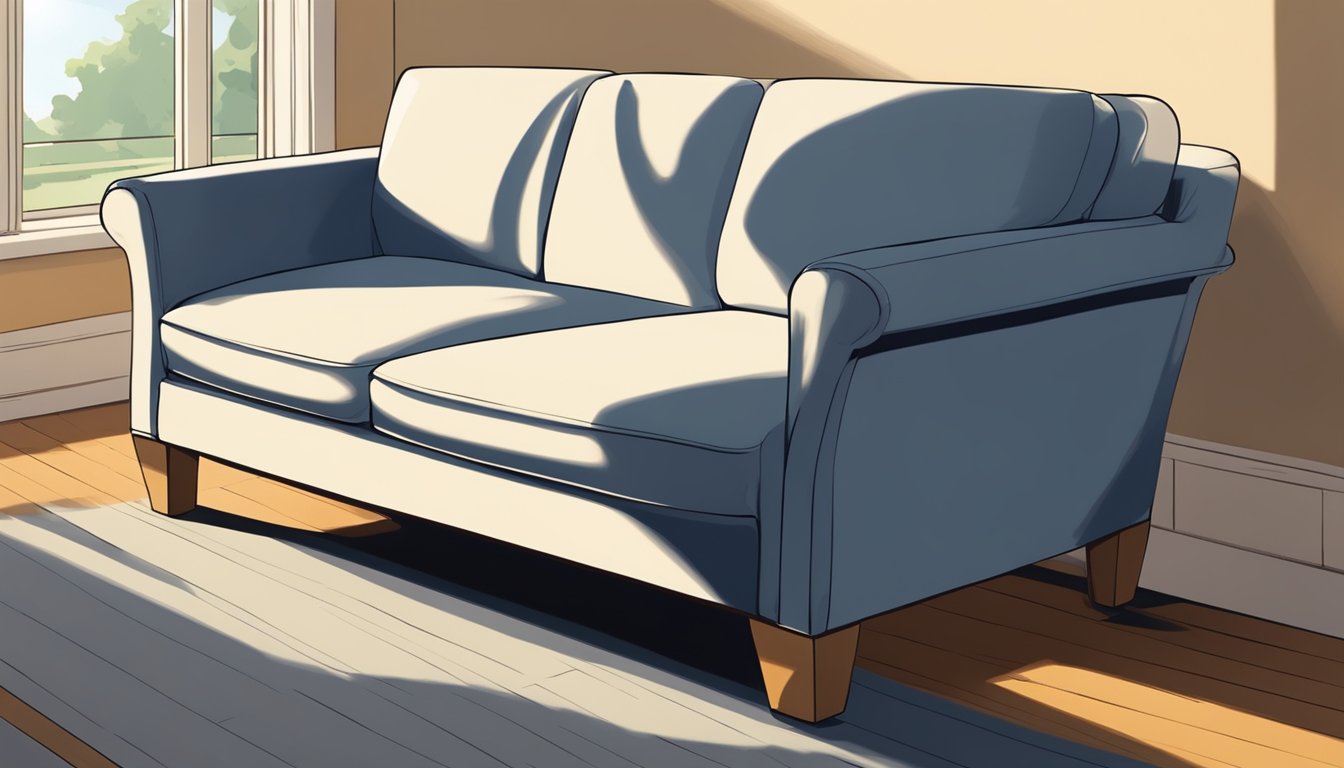 A sturdy sofa sits on a hardwood floor, casting a shadow in the afternoon light. Its weight is evident as it presses down on the floor, creating a slight indentation beneath its legs