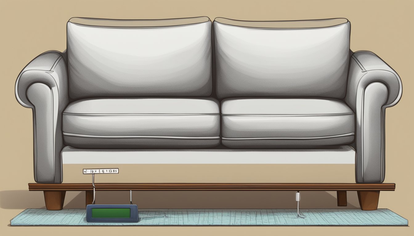 A sofa sits on a scale, showing an average weight. FAQ text surrounds it