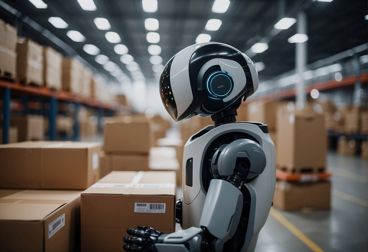 A warehouse with automated robots sorting and packing goods, while AI software coordinates inventory and shipping logistics for an e-commerce company