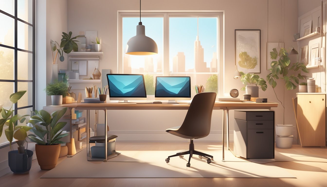 A modern studio with sleek furniture and design tools neatly arranged on the desk. Bright light streams in through large windows, casting a warm glow on the space