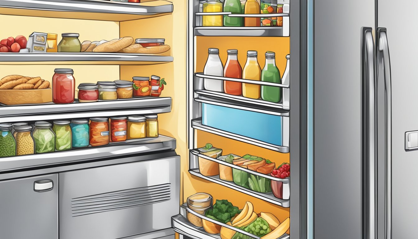 A fridge with a price tag hanging from the handle, surrounded by various food items and condiments