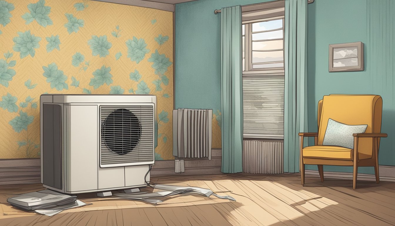 A small, basic air conditioner hums in a plain, cluttered room with peeling wallpaper and worn furniture