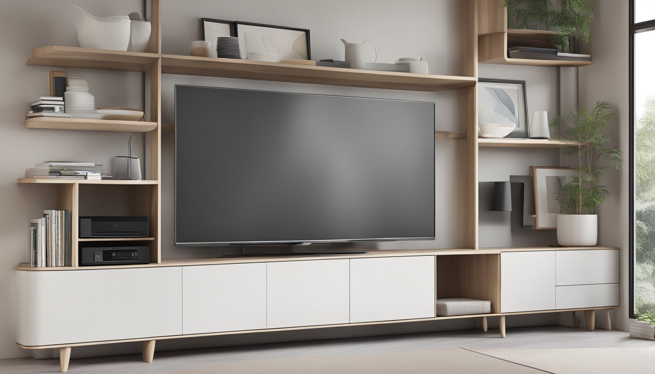 A modern TV cabinet with sleek lines and ample storage space, featuring open shelves and closed compartments, sits against a clean, white wall