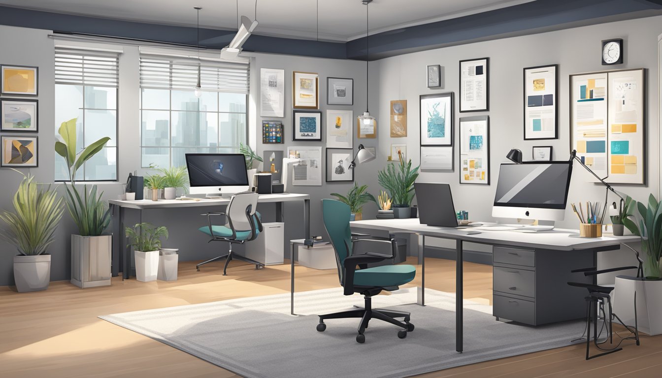 A sleek, modern studio space with clean lines, organized workstations, and professional decor. A wall adorned with awards and accolades for design excellence