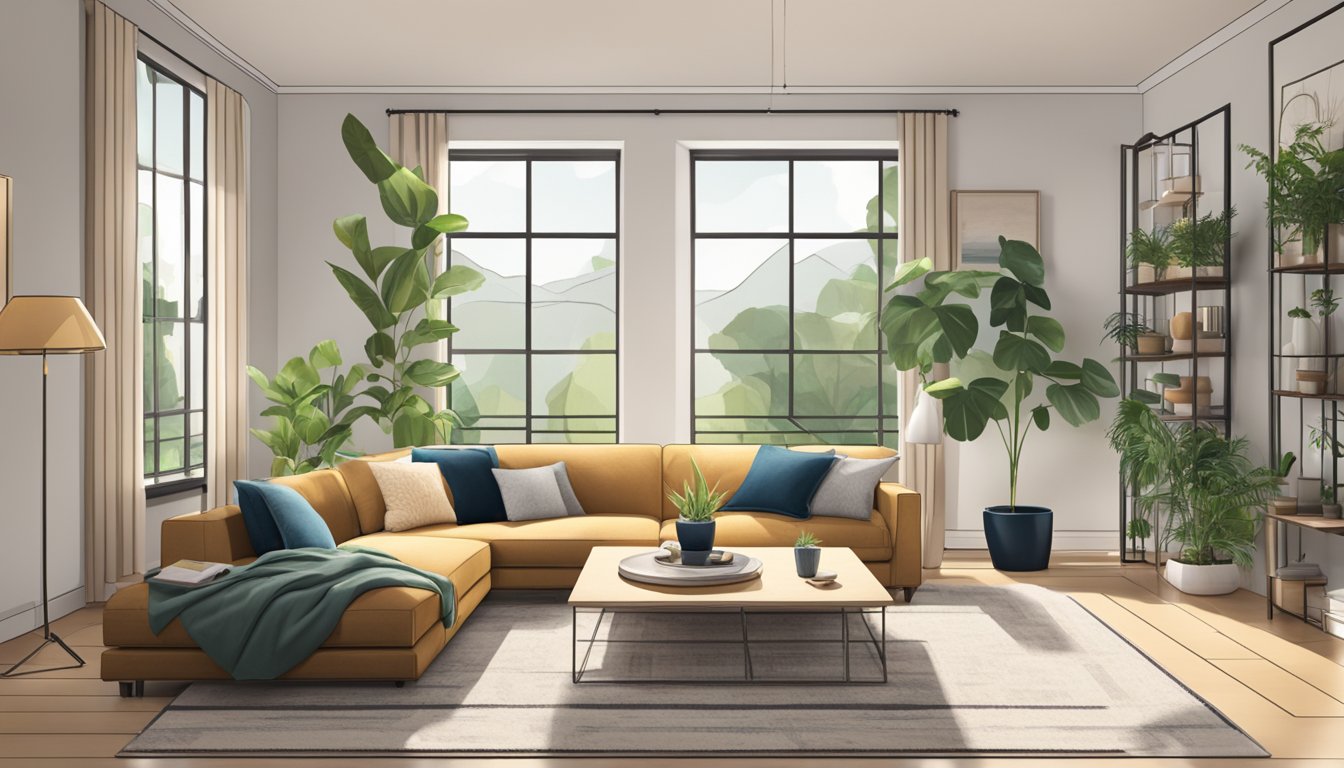 A living room with a large, comfortable sofa, a stylish coffee table, and a beautiful rug. The room is filled with natural light from the large windows, and there are decorative accents and plants throughout the space