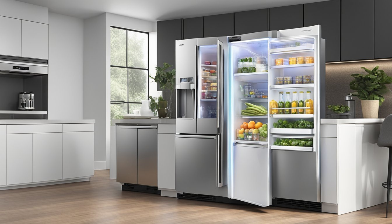 The fridge door swings open, revealing advanced technology and sleek features. The LED display glows with options, while the interior showcases adjustable shelves and crisp, clear lighting