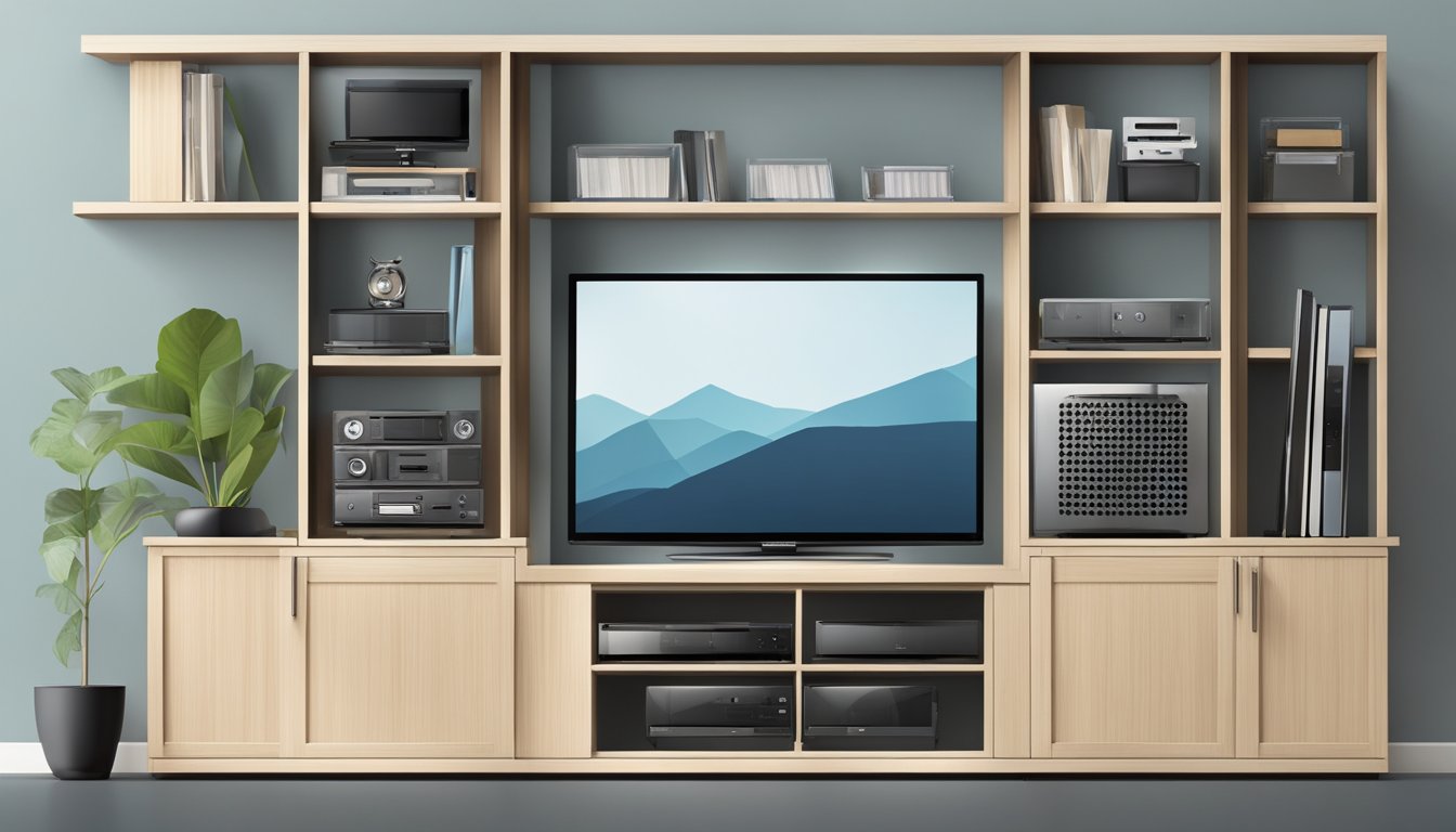 A modern TV cabinet with sleek lines and ample storage space, featuring open shelves and closed compartments for organizing media equipment and accessories