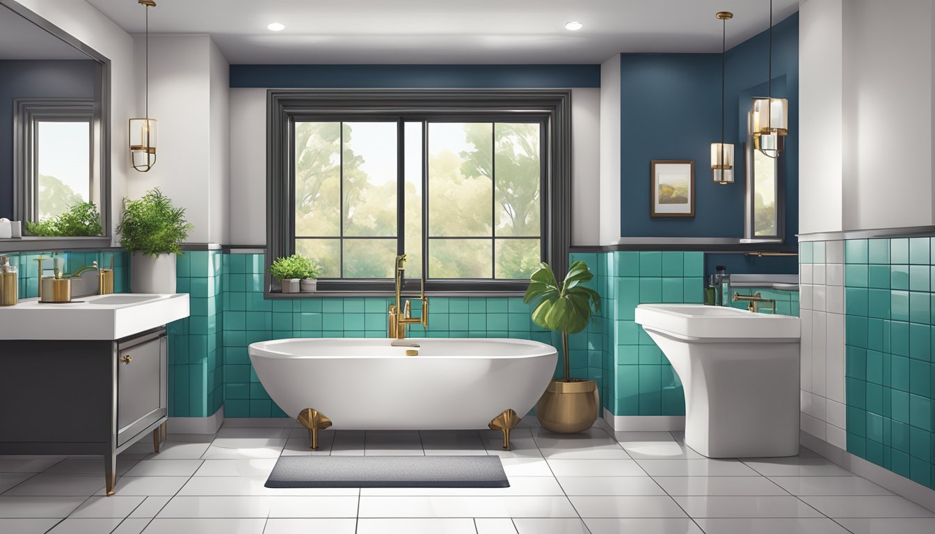 A bathroom with new tiles, a modern sink, and a sleek bathtub. The walls are freshly painted, and the lighting is bright and inviting