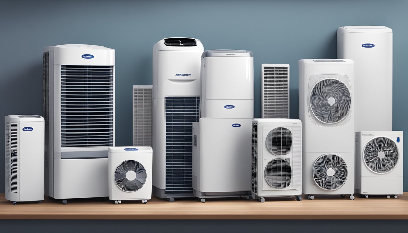 Various top portable aircon brands and models displayed in a Singaporean setting with a focus on their features and functionalities