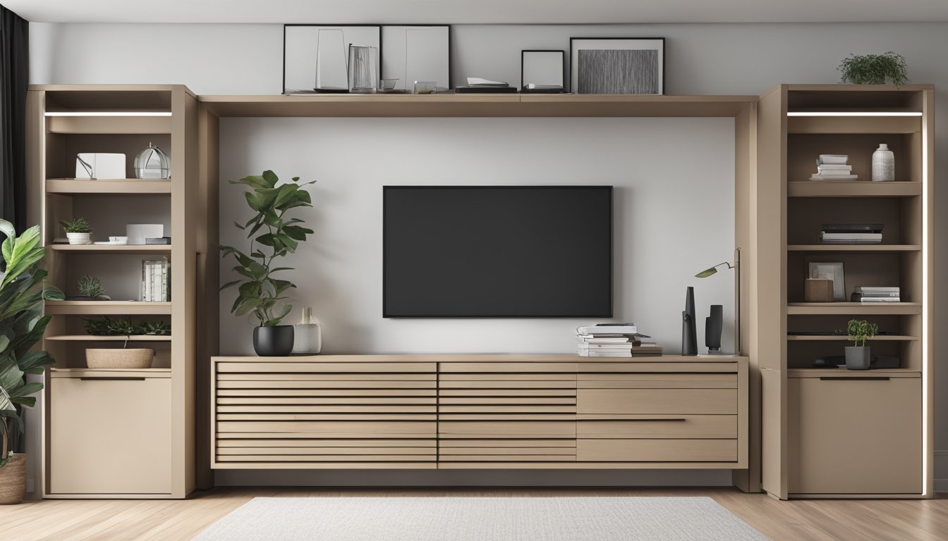 A sleek TV cabinet with multiple shelves and drawers for storage and organization. The cabinet is modern and minimalist in design, with clean lines and a neutral color palette
