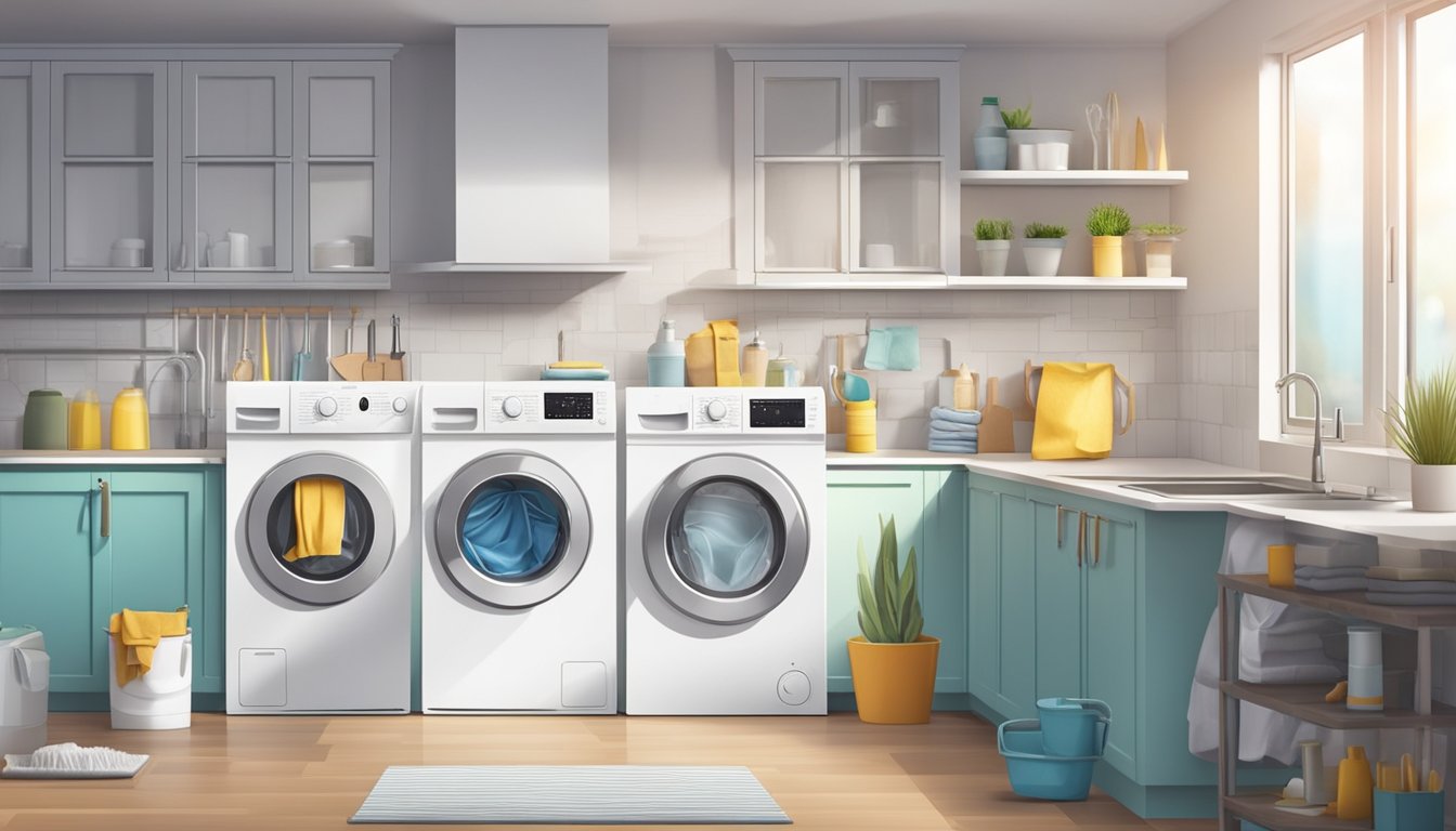 A washing machine sits in a bright, modern kitchen. A technician carefully cleans and services the machine, surrounded by cleaning supplies and tools
