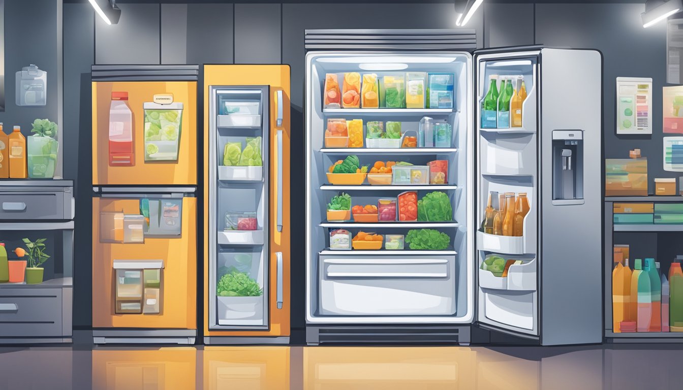 A fridge sits on a showroom floor, surrounded by price tags and comparison charts. The bright display highlights its value for money