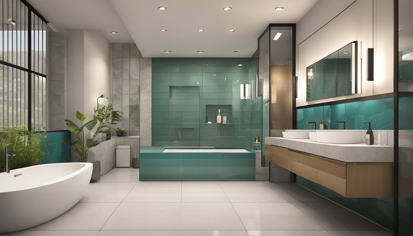 A bathroom with a modern bathtub, sleek vanity, and large mirror. Tiles are neutral, with a pop of color in the accent wall. Lighting is bright and natural