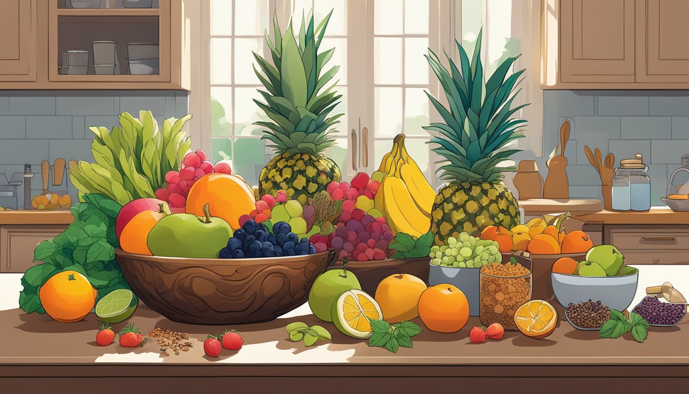 A vibrant fruit bowl sits on a sunlit kitchen table, surrounded by fresh produce and a colorful array of spices