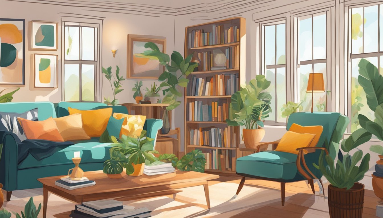 A cozy living room with vibrant decor, plants, and natural light. Books and art adorn the walls, creating a warm and inviting atmosphere