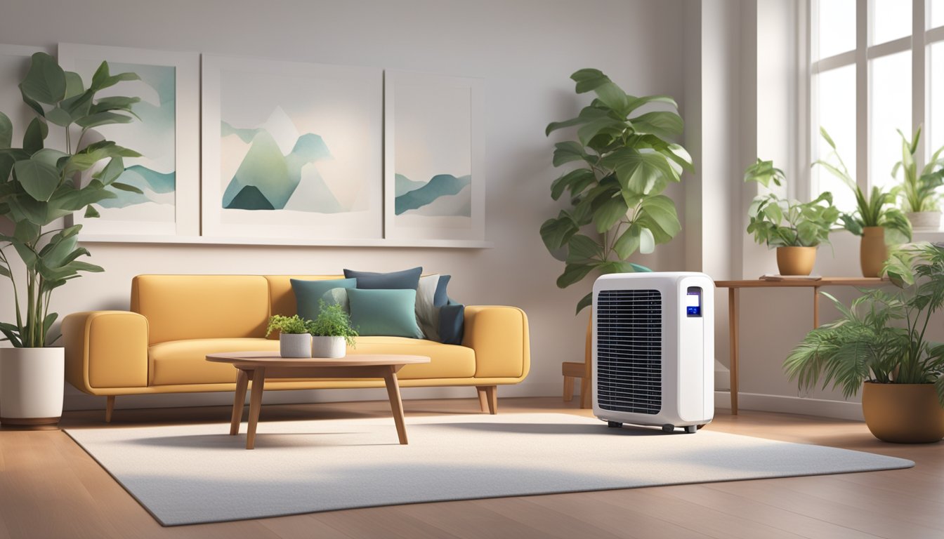 A portable air conditioner sitting in a modern living room with a sleek design and digital display, surrounded by plants and a cozy seating area