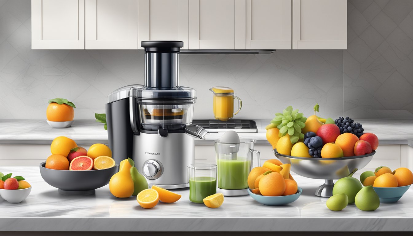 A modern kitchen with vibrant fruits, a sleek juicer, and a stack of recipe books on a marble countertop