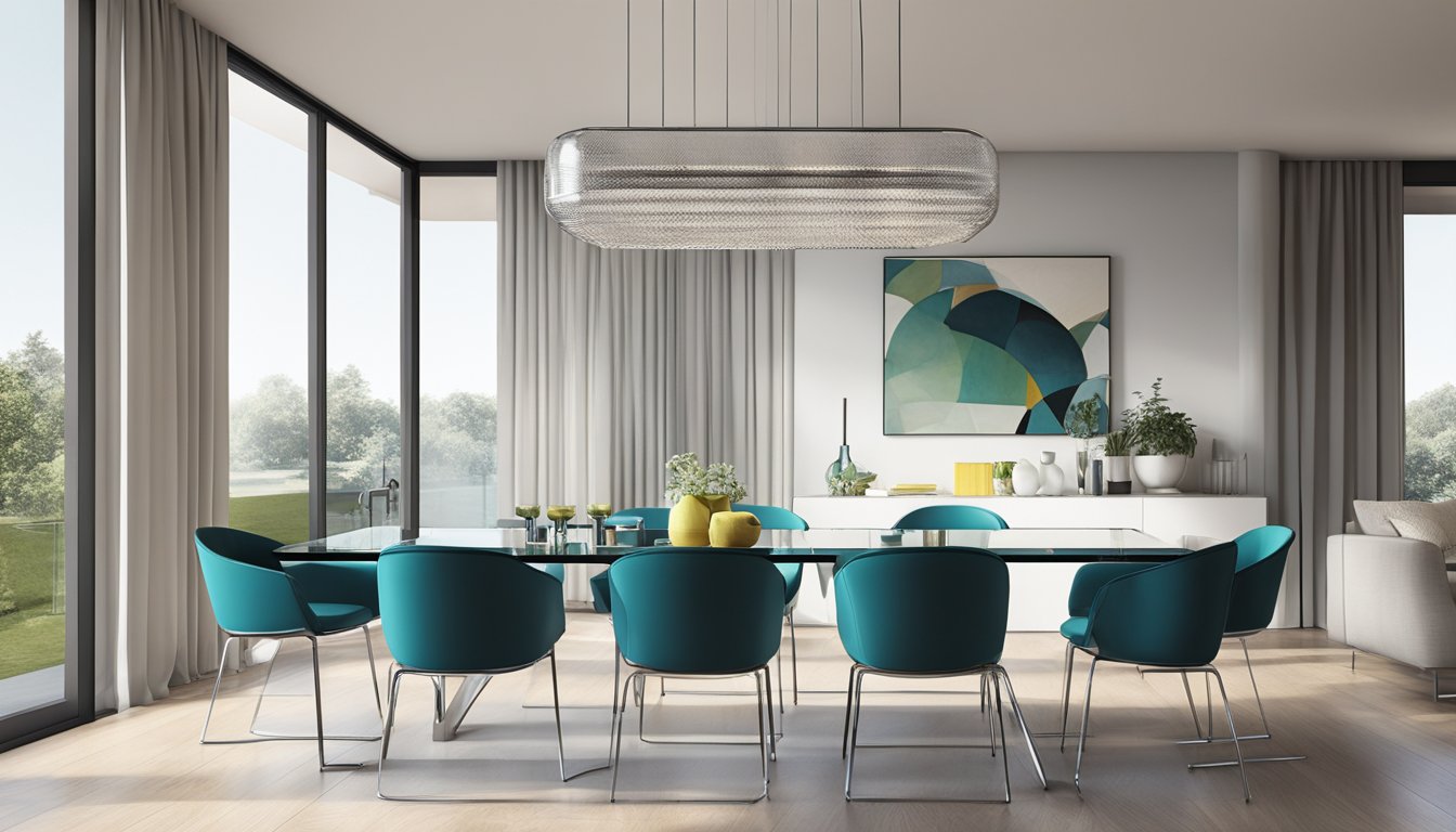 A sleek glass dining table with modern chrome legs is set in a bright, minimalist dining room. The table is surrounded by stylish chairs and a contemporary light fixture hangs above