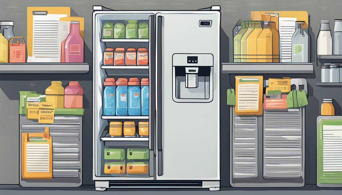 A fridge with a "Frequently Asked Questions" sticker, surrounded by price tags and a price list