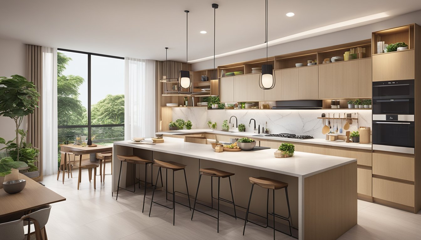 A spacious HDB kitchen with sleek, modern design, open shelves, and a large island for dining and cooking. Light floods in through the windows, creating a warm and inviting atmosphere