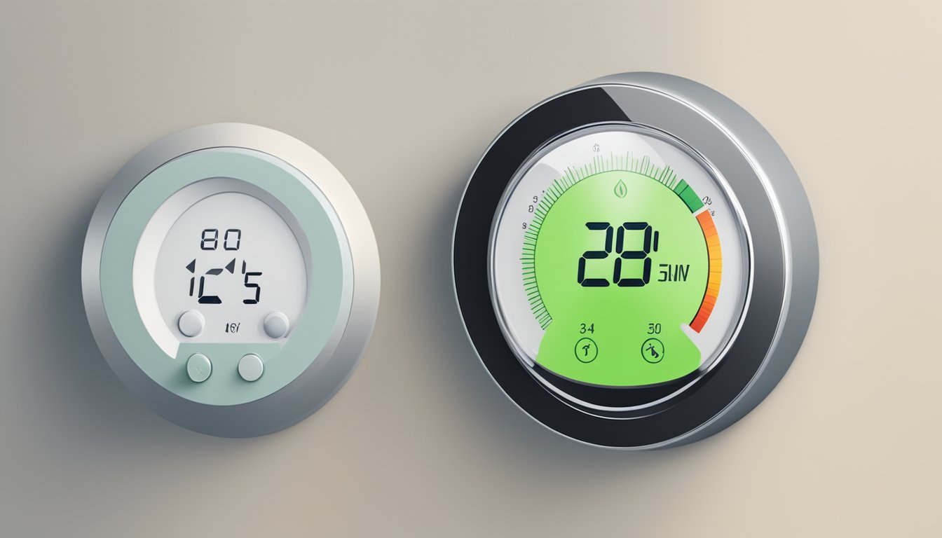 A hand reaches to adjust the air conditioning temperature setting to energy-saving mode. The thermostat displays a lower temperature, while a green leaf symbol indicates energy efficiency