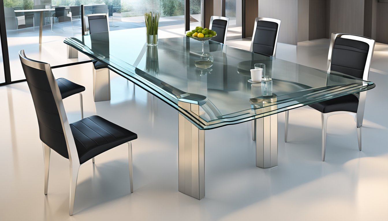A sleek glass dining table with modern design, reflecting light. Various sizes and shapes displayed with price tags