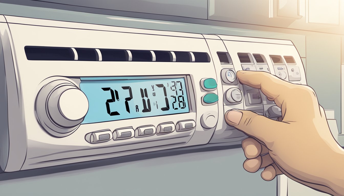 A hand adjusts the air conditioning temperature to an energy-saving setting, with a focus on optimizing efficiency