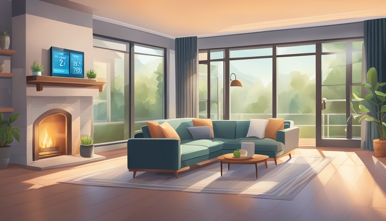 A cozy living room with a smart thermostat set to an energy-saving temperature, while natural light floods in through insulated windows