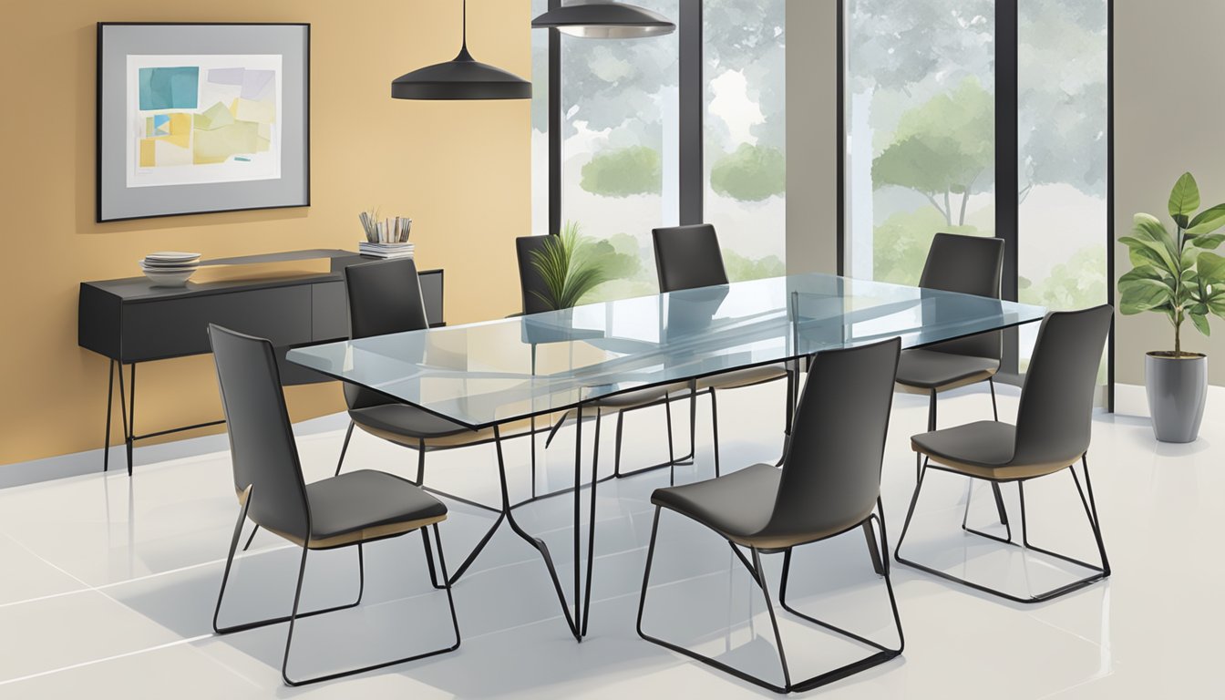 A sleek glass dining table surrounded by chairs, with a stack of price tags and a printed FAQ sheet placed on the table