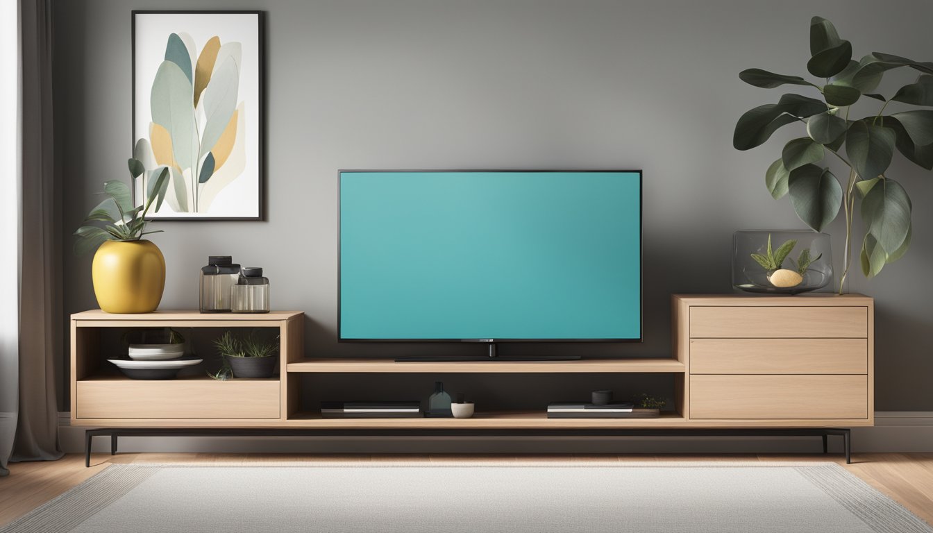 A sleek, low-profile TV console with clean lines and minimalistic design, featuring a few carefully curated decorative items on display