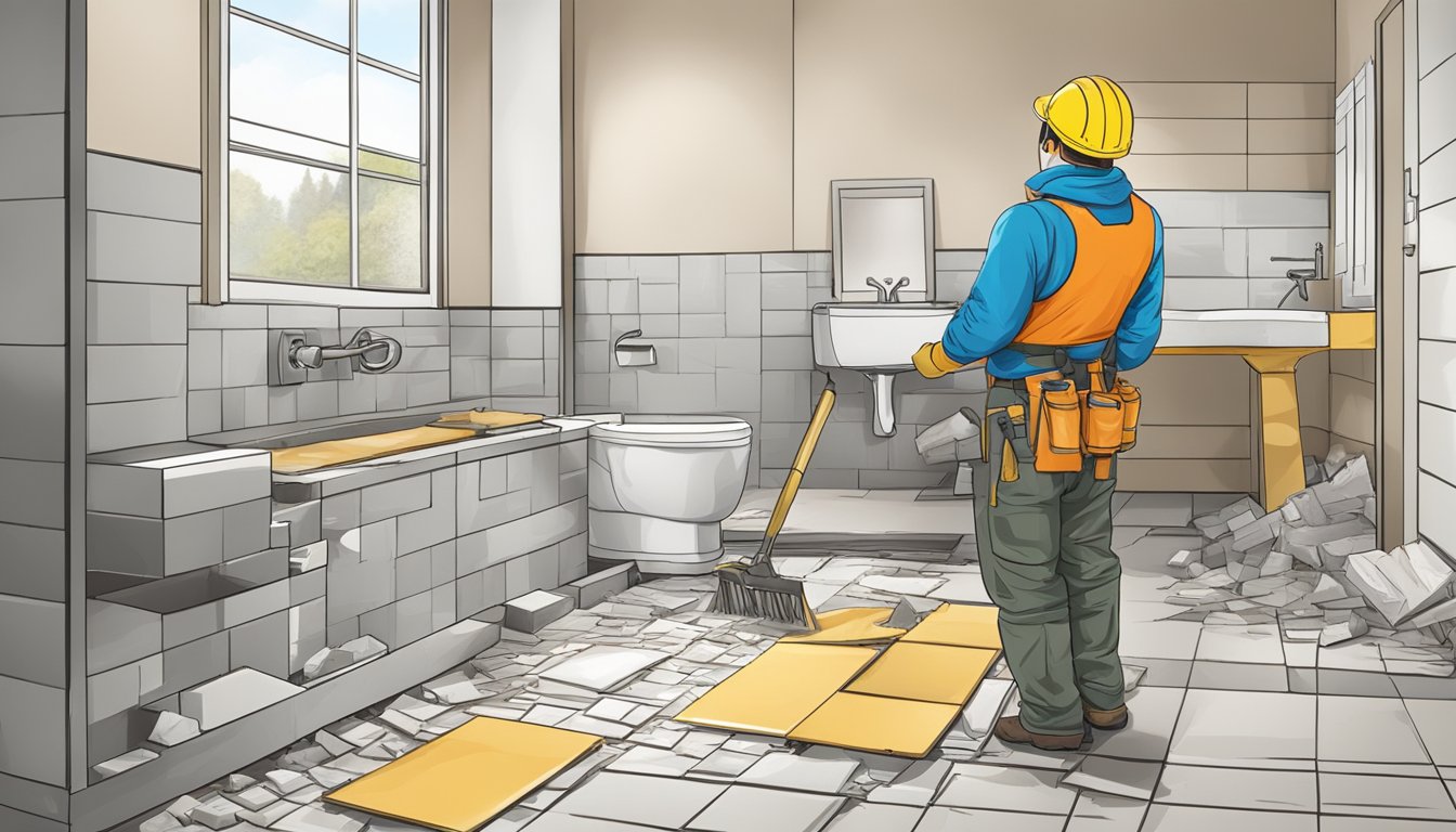 A worker demolishes old tiles, while another installs new fixtures in a modern bathroom renovation