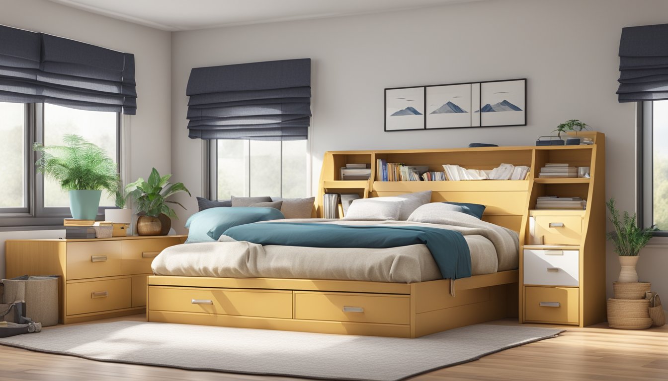 A bed with drawers sits against a wall. The frame is sturdy and made of wood. The drawers are built into the base, providing extra storage space