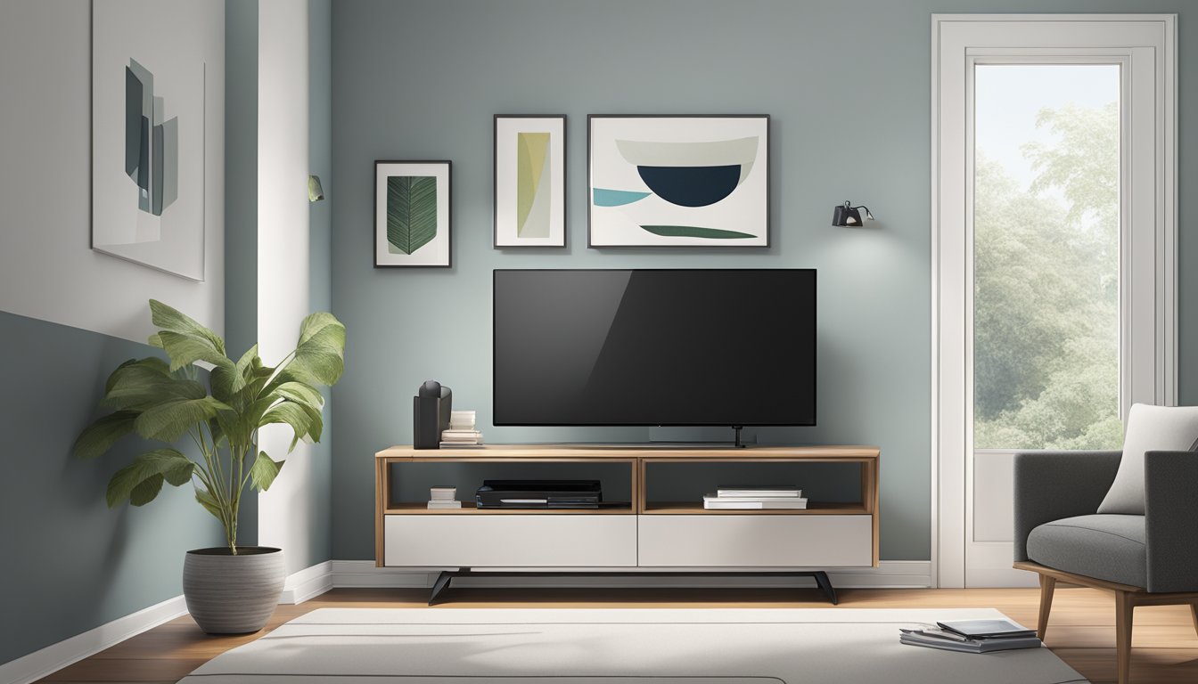 A sleek, modern TV console with clean lines and a minimalist design, featuring a low profile and simple, elegant aesthetics