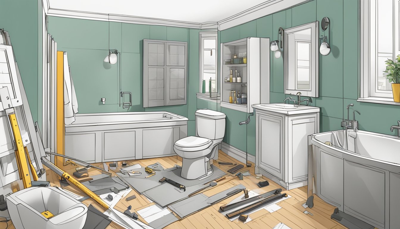 A bathroom being renovated with tools and materials scattered around, a worker measuring and planning the layout