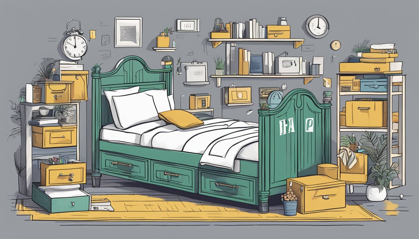 A bed with drawers, surrounded by curious customers, labeled "Frequently Asked Questions" in bold letters