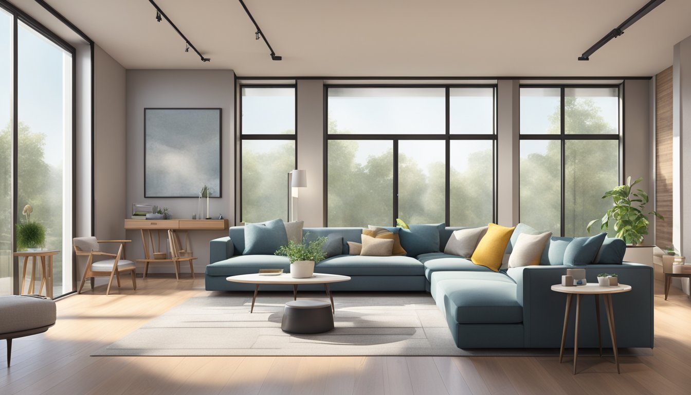 A modern living room with sleek furniture, minimalist decor, and large windows letting in natural light