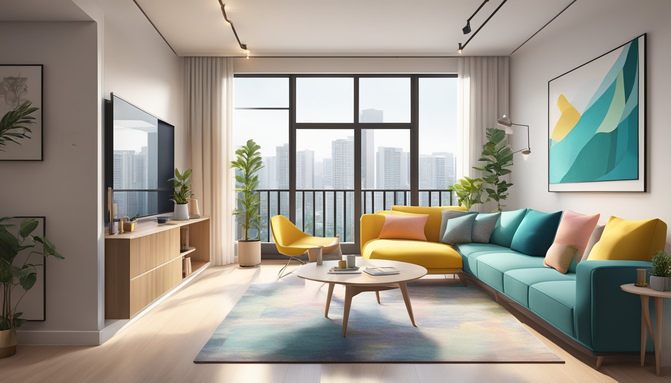 A bright, modern HDB apartment with open layout, sleek furniture, and pops of color. Light streams in through large windows, creating a welcoming and revitalizing space
