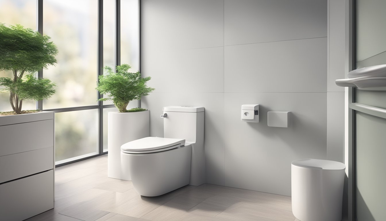 A modern toilet with sleek, minimalist design. White porcelain, chrome fixtures, and a wall-mounted flush button. A small potted plant adds a touch of greenery